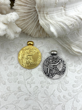 Reproduction Coin Pendant, 30mm,Gold or Burnished Silver,Reproduction Coin Pendant with Bale, Woman with Vines, Fast Ship