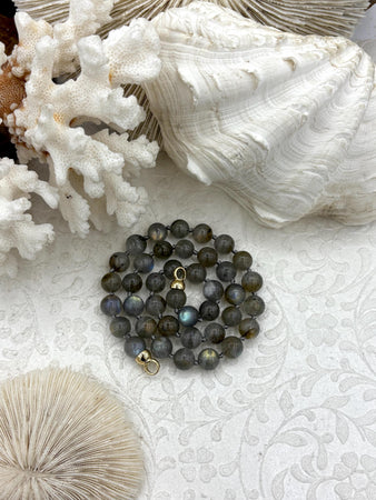 Hand Knotted Natural Grey ShimmerStone Necklace, 16.5" Long, Gold End Caps, 9mm ShimmerStone Beads, Genuine ShimmerStone, Fast ship