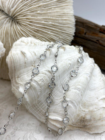 Crystal Coin Shape Rosary Faceted Glass Beads, Clear, 6.5mm x 3mm, Beaded Rosary Chain With Silver wire&caps, Sold by the foot, Fast Ship