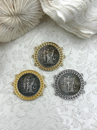REGNE Burnished Silver Coin, 3 Bezel Colors, French Reproduction Coin, Plated Brass and Zinc Alloy, French Art Deco Coin, Fast Ship