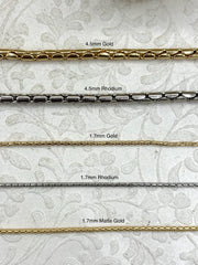 Brass Snake chain, Cobra, Boa Chain. Finished ends, Gold chain, High Quality Brass 4.5mm or 1.7mm , Gold, Matte Gold, or Rhodium Fast Ship