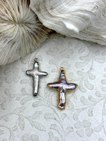 Pearl Charms, Pearl cross charm, Brass Mother of Pearl, 2 Styles, Gold or Silver, Pearl Cross Charms, Fast Ship