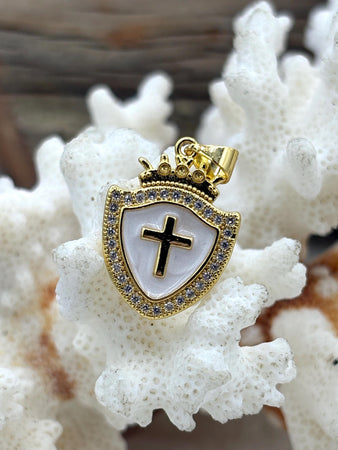 Enamel and Gold Cross Pendants with CZ, Gold Plated Brass, White Enamel Cross Charms, White Enamel, Fast Ship.
