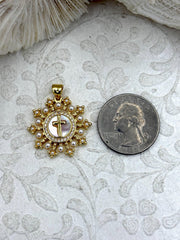 Mother of Pearl Cross Charms, 25mm Charms, Gold Plated Brass Charms, MOP Cross Charms, Mother of Pearl Charms with Pearls. Fast Ship