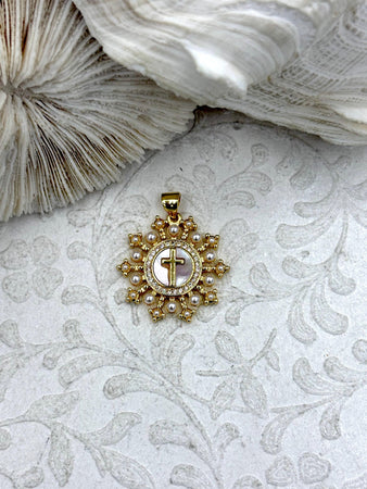 Mother of Pearl Cross Charms, 25mm Charms, Gold Plated Brass Charms, MOP Cross Charms, Mother of Pearl Charms with Pearls. Fast Ship