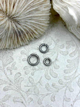 Jump Rings Textured Rhodium/Silver Plated, 4mm, 6mm, or 8mm, Pack of 10, Thick Gauge Brass, OPEN Ring, Heavy 12 GA(2mm) Sturdy, Fast Ship