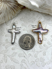 Pearl Charms, Pearl cross charm, Brass Mother of Pearl, 2 Styles, Gold or Silver, Pearl Cross Charms, Fast Ship