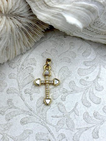 Mother of Pearl Cross CZ Charm, Cubic Zirconia Cross charm, Brass Mother of Pearl, Gold Plated Brass, mother of pearl charms, Fast Ship