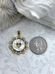 Mother of Pearl Heart Charms, 25mm Charms, Gold Plated Brass Charms, MOP Heart Charms with CZ, Mother of Pearl and CZ, Pearls. Fast Ship