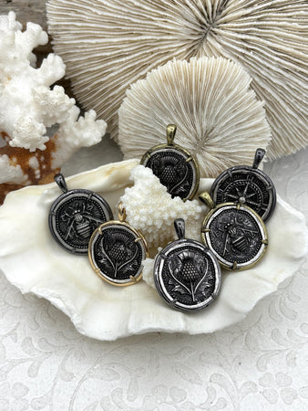 Ancient Greek Reproduction Bee Coin Pendant, Compass Coin, Thistle Coin with bezel. Bee, Compass Pendant, 3 Bezels colors 28mm Fast Ship