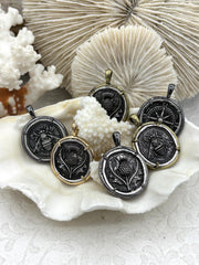 Ancient Greek Coin Pendant, Bee, Compass, Thistle, Brass Bezel