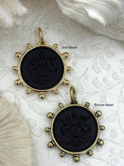 Matte Black French Coin Pendant, Art Deco Replica, Gold or Bronze Bezel