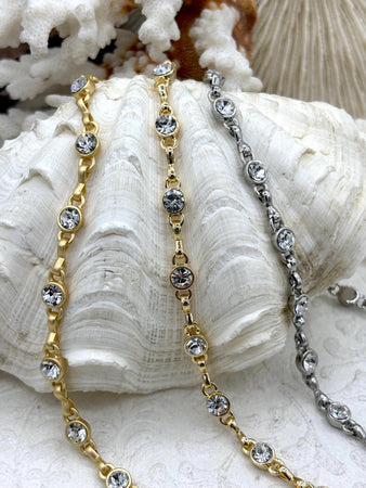 Mixed Link Zinc Alloy Cable Chain with Clear Crystals, by the foot. 3 Finishes, Gold, Rhodium, Matte Gold finishes Clear Crystals, Fast ship
