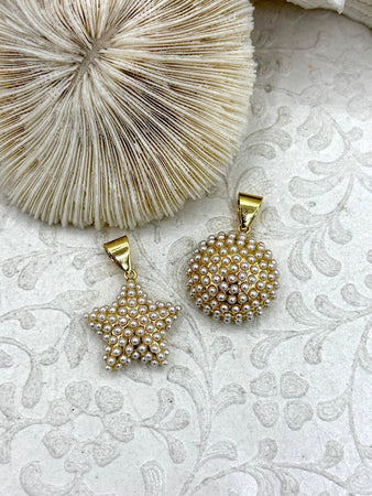 Star and Round Shaped Gold Plated Brass Pendant with Pearl Accents, Star or Round Shape, 2 Styles, Faux Pearl Pendants, Fast Ship