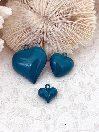 Teal Heart Charm/Pendants, Heart Pendants, 3 sizes, Enamel Plated Brass Charms, Small, Medium, or Large, Colorful Hearts, Fast Ship