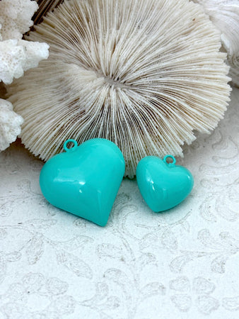 Turquoise Heart Charm/Pendants, Heart Pendants, 3 sizes, Enamel Plated Brass Charms, Small, Medium, or Large, Colorful Hearts, Fast Ship