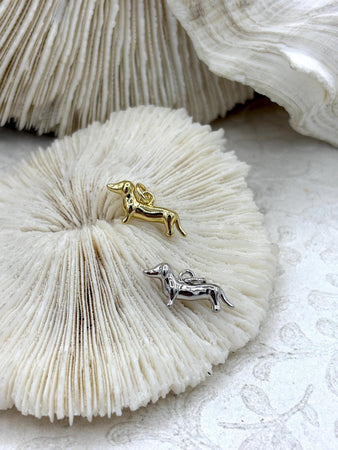 Brass Dachshund Dog Charm, Rhodium or Gold, 19mm x 8mm x 4mm, Brass Dog Jewelry Charm, Dachshund Dog Charms, 2 Finishes, Fast Ship