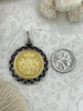 Image of Gold or Silver Shield Coin, Shield Pendant with Textured Chain Bezel, Burnished Silver or Matte Gold Bezel, Brass and Zinc Alloy, Fast Ship