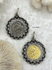 Image of Gold or Silver Shield Coin, Shield Pendant with Textured Chain Bezel, Burnished Silver or Matte Gold Bezel, Brass and Zinc Alloy, Fast Ship
