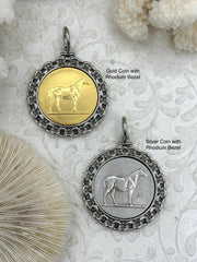 Silver and Gold Horse Coin Pendants with Textured Chain Rhodium Bezel, Equestrian Pendant, Coin Bezel, Replica Coin, Fast Ship