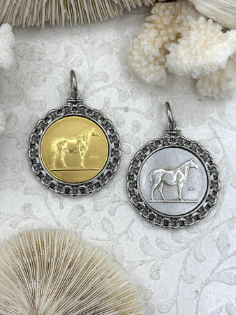 Silver and Gold Horse Coin Pendants with Textured Chain Rhodium Bezel, Equestrian Pendant, Coin Bezel, Replica Coin, Fast Ship