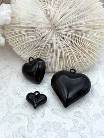 Black Heart Charm/Pendants, Heart Pendants, 3 sizes, Enamel Plated Brass Charms, Small, Medium, or Large, Colorful Hearts, Fast Ship