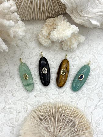 Oval Oblong Gemstone Drop Pendants and Charms with CZ. 6 Stone Types/Styles,Gold Bale 35mm x 13mm x 7mm, Natural Stones w/CZ, Fast Shipping