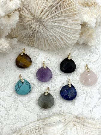 Faceted Teardrop Gemstone Pendants with Gold CZ Bale (16.5mm)