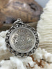 Image of Gold or Silver Shield Coin, Shield Pendant with Textured Chain Bezel, Burnished Silver or Matte Gold Bezel, Brass and Zinc Alloy, Fast Ship