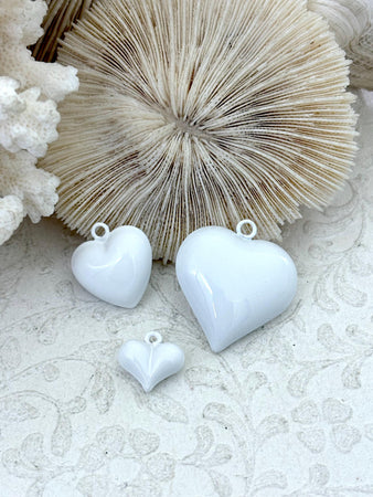White Heart Charm/Pendants, Heart Pendants, 3 sizes, Enamel Plated Brass Charms, Small, Medium, or Large, Colorful Hearts, Fast Ship