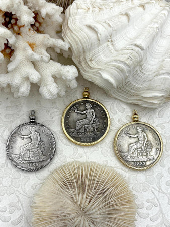 Reproduction Coin Pendant 39mm, Coin Bezel, Vintage Coin, 3 bezel colors, Gold, Matte Gold, or Burnished Silver. Fast Shipping