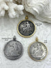 Image of Reproduction Coin Pendant 39mm, Coin Bezel, Vintage Coin, 3 bezel colors, Gold, Matte Gold, or Burnished Silver. Fast Shipping