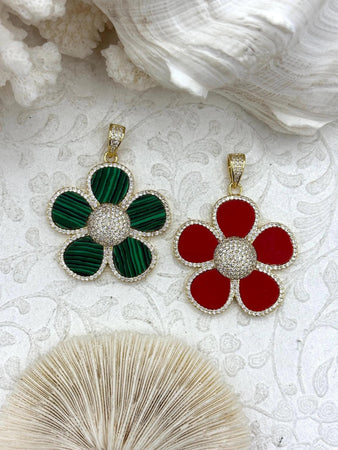 Flower Shaped Pendants Green Malachite Enamel, Red Enamel. 38mm, Variety of stones, 2 styles. Fast Ship