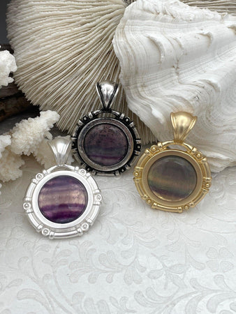 Natural Fluorite Pendant with Bezel, Cabochon Natural Stone will come in a variety of patterns, 3 bezel colors, Natural Stone, Fast Ship.