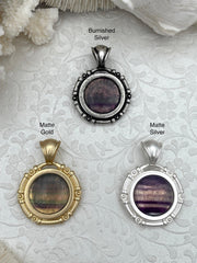 Natural Fluorite Pendant with Bezel, Cabochon Natural Stone will come in a variety of patterns, 3 bezel colors, Natural Stone, Fast Ship.