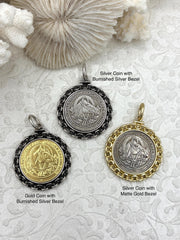 Silver and Gold Horse Coins, Horse Pendant with Textured Chain Bezel, 3 Styles,  Brass, Bezel with Jump Ring, Fast Ship
