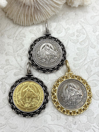 Silver and Gold Horse Coins, Horse Pendant with Textured Chain Bezel, 3 Styles, Brass, Bezel with Jump Ring, Fast Ship