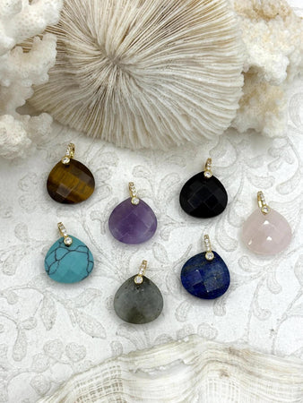 Mini Gemstone Faceted Teardrop Pendants with Gold and CZ Bale. 7 Styles, 16.5mm Stone Pendants with Gold Bale and CZ. Fast Shipping