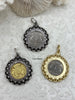Image of Silver and Gold Horse Coins, Horse Pendant with Textured Chain Bezel, 3 Styles, Brass, Bezel with Jump Ring, Fast Ship