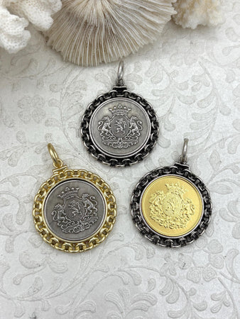 Gold or Silver Shield Coin, Shield Pendant with Textured Chain Bezel, Burnished Silver or Matte Gold Bezel, Brass and Zinc Alloy, Fast Ship