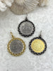 Image of Gold or Silver Shield Coin, Shield Pendant with Textured Chain Bezel, Burnished Silver or Matte Gold Bezel, Brass and Zinc Alloy, Fast Ship