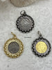 Image of Gold or Silver Shield Coin, Shield Pendant with Textured Chain Bezel, Burnished Silver or Matte Gold Bezel, Brass and Zinc Alloy, Fast Ship
