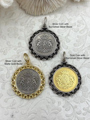 Gold or Silver Shield Coin, Shield Pendant with Textured Chain Bezel, Burnished Silver or Matte Gold Bezel, Brass and Zinc Alloy, Fast Ship
