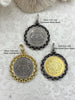 Image of Gold or Silver Shield Coin, Shield Pendant with Textured Chain Bezel, Burnished Silver or Matte Gold Bezel, Brass and Zinc Alloy, Fast Ship