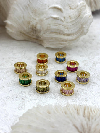 Gold Plated Brass and Colorful CZ Micro Pave Charm, 9.5mm Colorful CZ Pave, Plated Brass Charm with Cubic Zirconia, 10 colors. Fast Ship