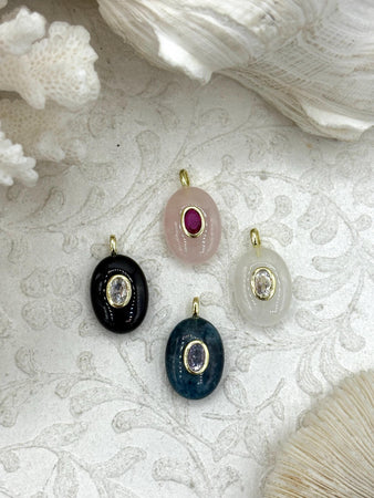 Mini Oval Stone Pendants and Charms with CZ. 4 Stone Types/Styles, Gold Bale 18.5mm x 13mm x 7mm, Natural Stones w/Colorful CZ, Fast Ship
