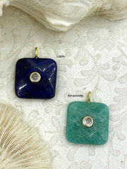 Square Stone Gemstone Pendants and Charms with Clear CZ. 2 Types/Styles, Gold Bale 25mm Square, Natural Stones w/CZ, Fast Shipping