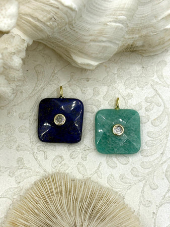 Square Stone Gemstone Pendants and Charms with Clear CZ. 2 Types/Styles, Gold Bale 25mm Square, Natural Stones w/CZ, Fast Shipping
