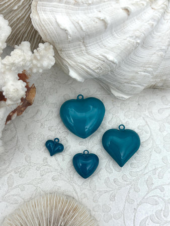 Teal Heart Charm/Pendants, Heart Pendants, 3 sizes, Enamel Plated Brass Charms, Small, Medium, or Large, Colorful Hearts, Fast Ship