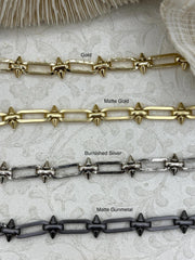 Brass Mixed Link Cable Chain Oval with Spikes, sold by the foot. Electroplated brass, 4 finishes available. Spike Jewelry Chains, Fast ship
